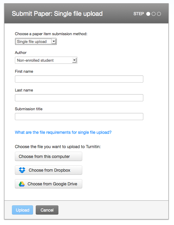 File upload screen with upload options at bottom beneath Submittion title field. The first option is Choose from this computer, then Drop Box then Google Drive