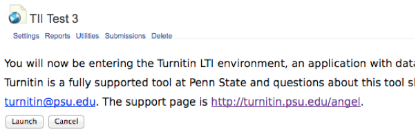 ANGEL Turnitin assignment screen showing Launch button.