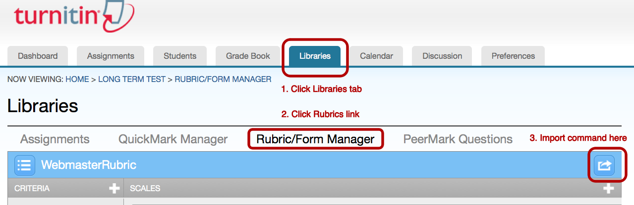 Rubric Manager screen
